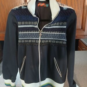 Modern Amusement Black and Blue Patterned Zip-Up Sweater
